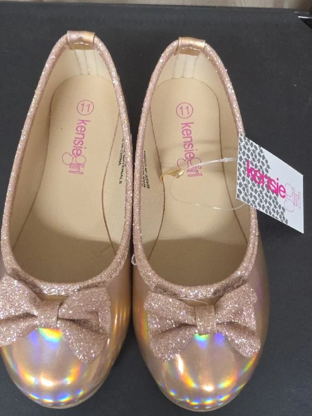 BRAND NEW Kensie Girl Size 11 Rose Gold Iridescent Ballet Flats with Glitter Bow